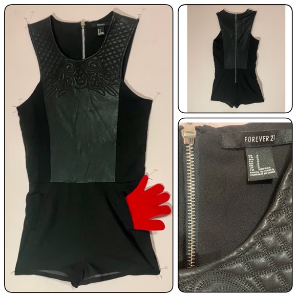 BLACK SHORTS JUMPSUIT… w/ FAUX LEATHER…Sz S…💖Preloved💖 - Picture 7 of 8